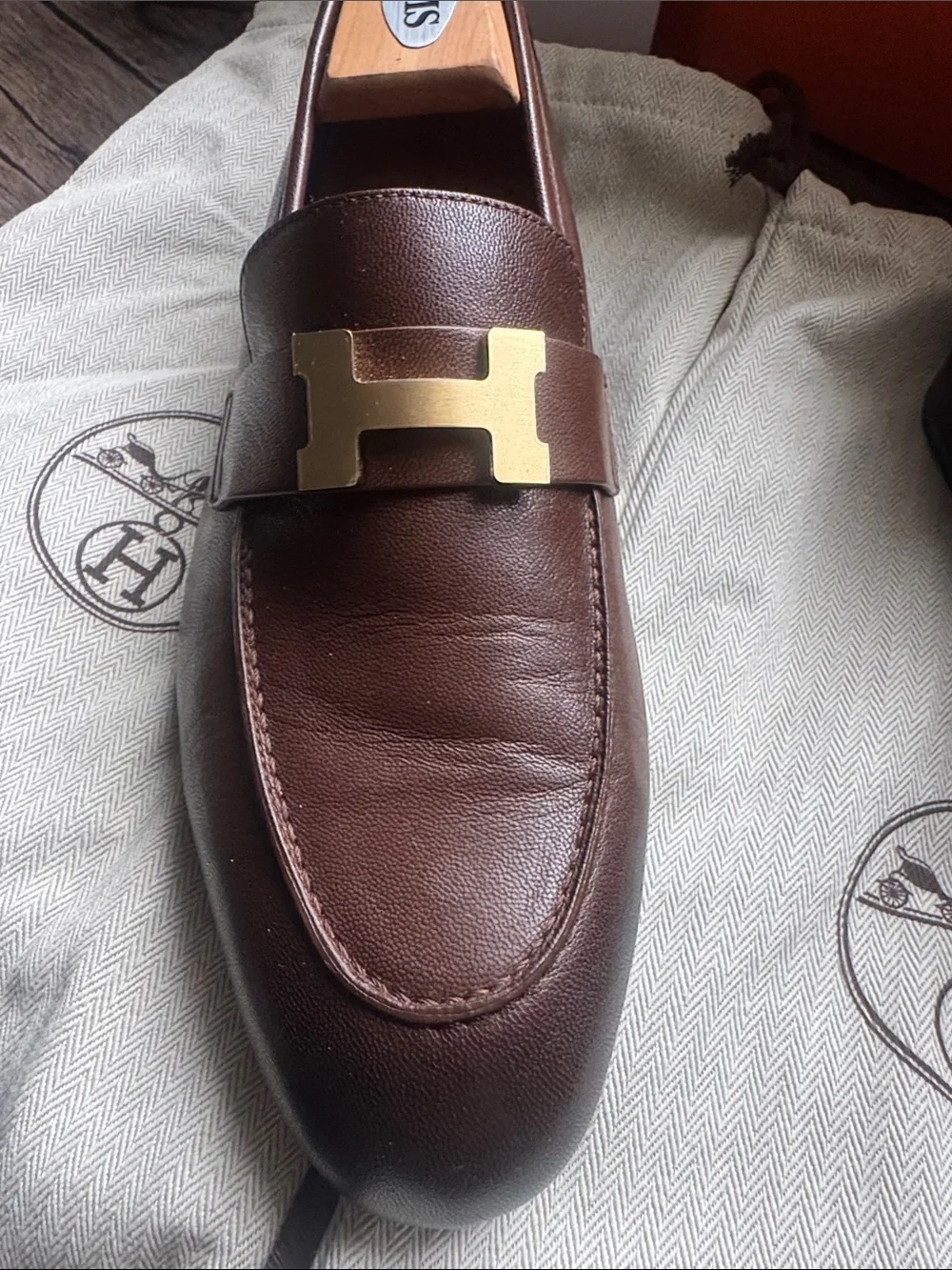 Hermes Brown Leather Loafers with Gold H Buckle